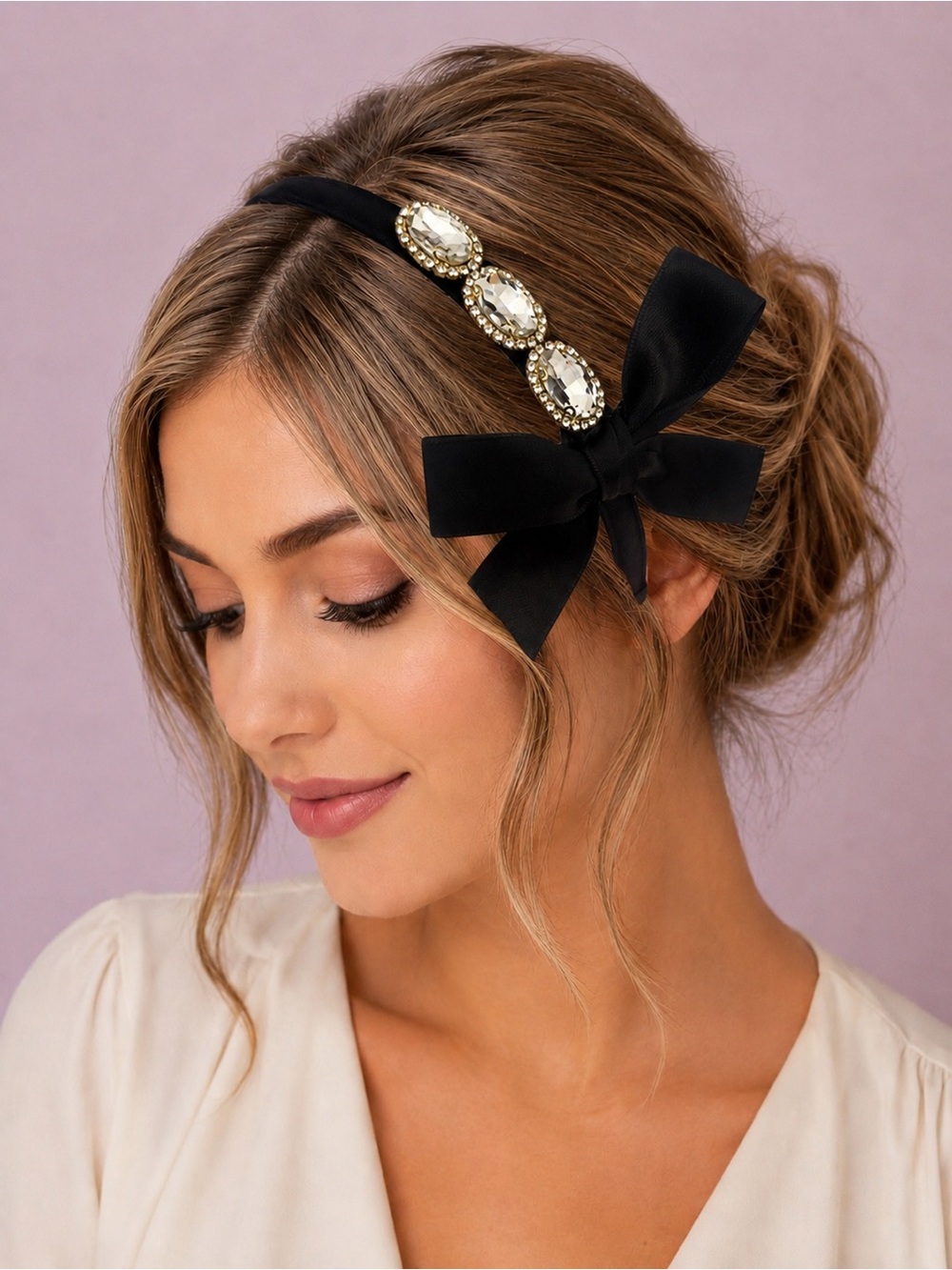 Embellished Black Bow Headband with Crystal Accents